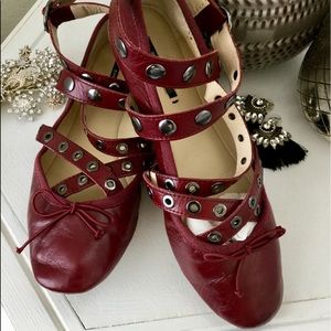 🐘 Zara Leather Wrap Wine Ballet Flats 7.5 38 🐘